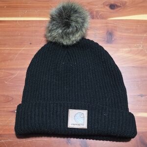 Carhartt Black Beanie with Faux Fur Pom